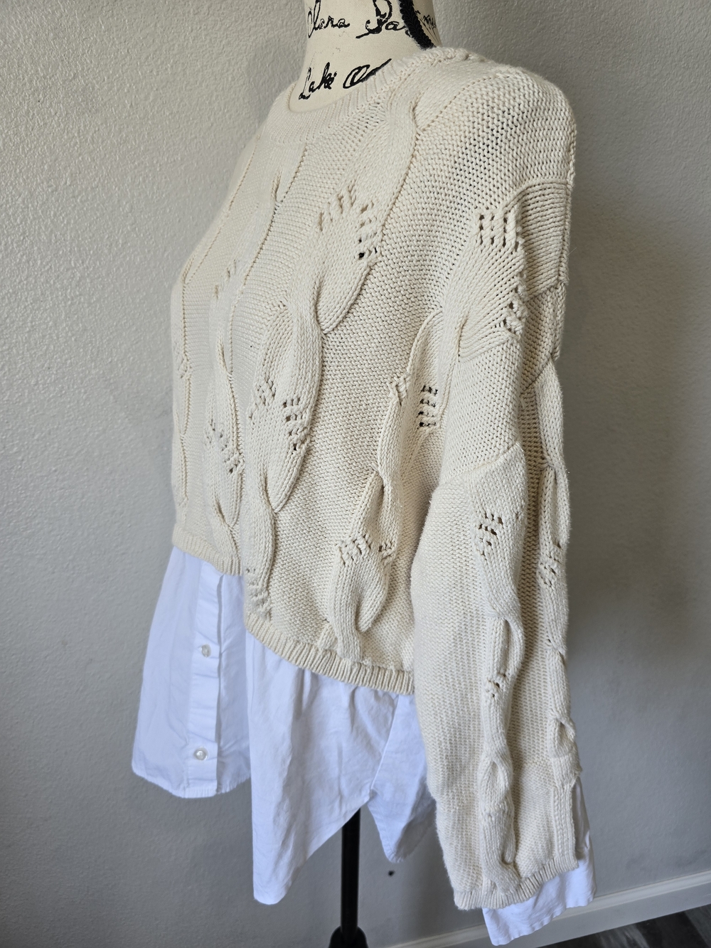 Anthropologie Pilcro Cable Knit Twofer Sweater Womens Size L Cream Preppy Office - Picture 3 of 11